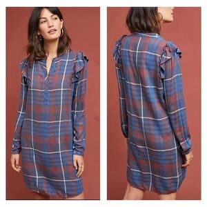ANTHROPOLOGIE cloth & stone Ruffled Plaid Shirt Dress | Small |